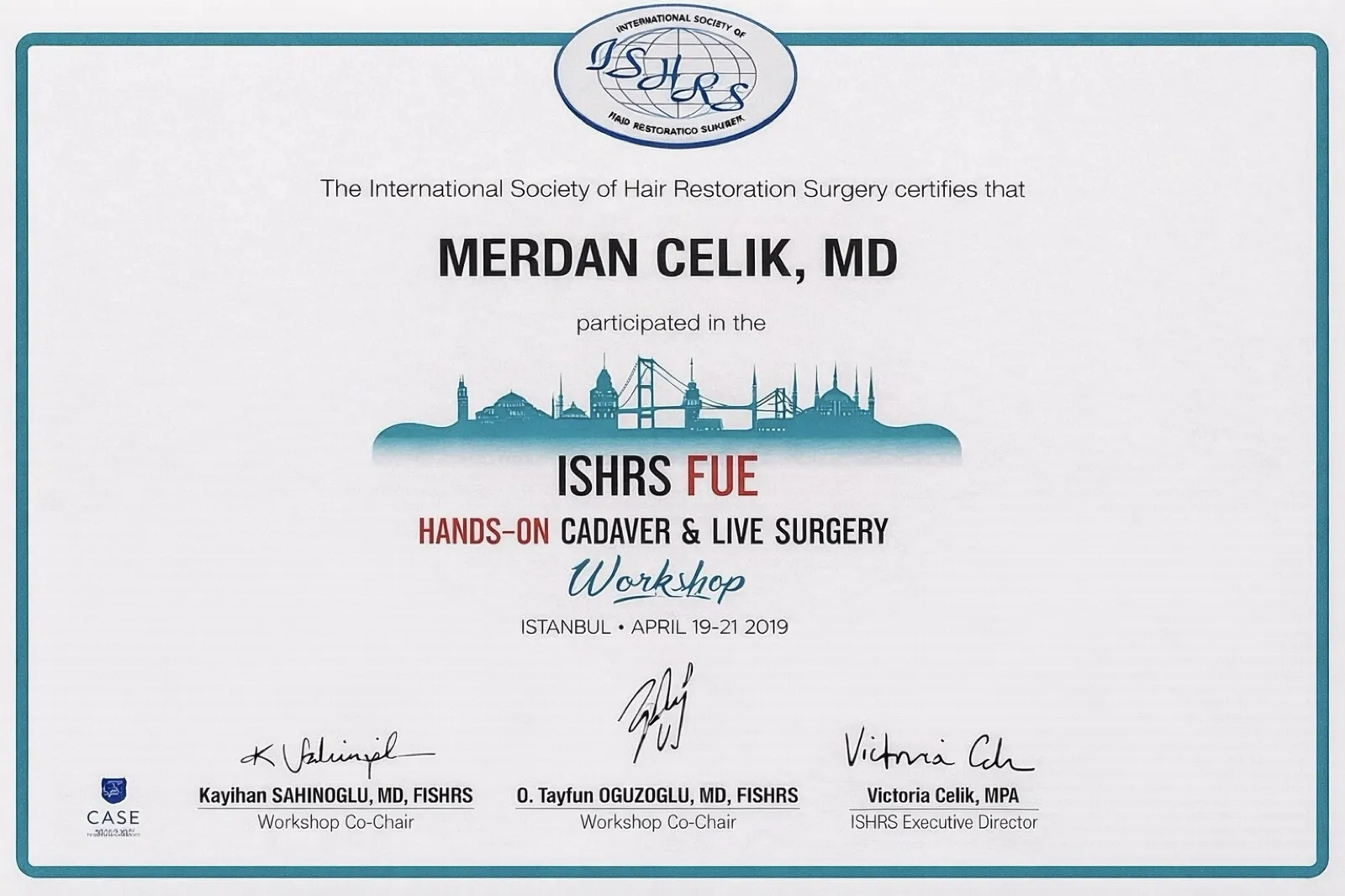 Teilnahmebescheinigung der ISHRS für den FUE-Workshop in Istanbul vom 19. bis 21. April 2019