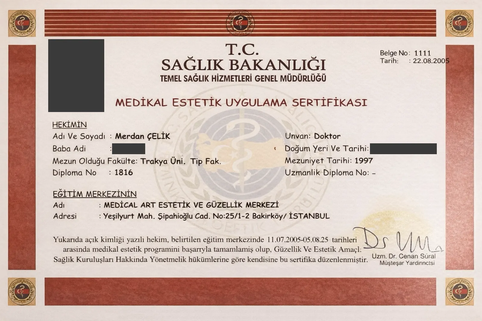 Zertifikat für medizinische Ästhetik des türkischen Gesundheitsministeriums für Merdan Çelik vom 22. August 2005